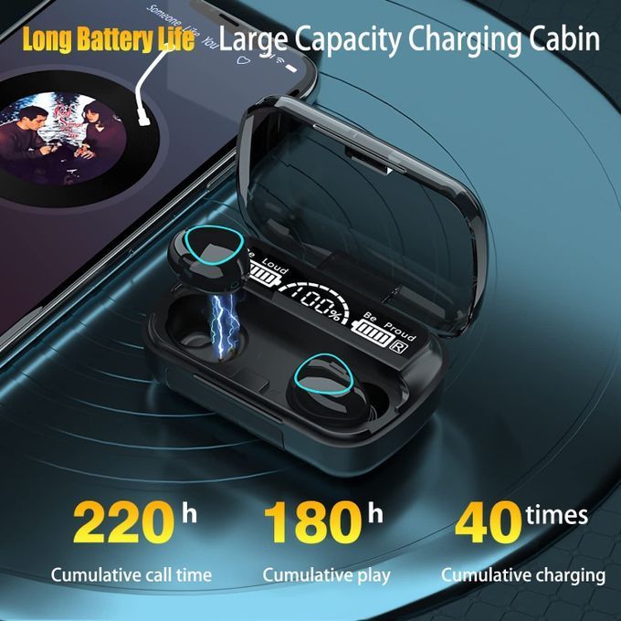 M10 TWS Bluetooth 5.1 with 2000Mah Charging Case, Wireless Earbuds Stereo,Sports Waterproof with Microphone and Touch Control- Black - Image 3