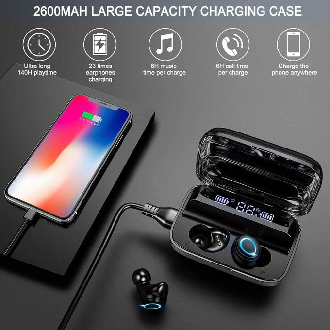 M10 TWS Bluetooth 5.1 with 2000Mah Charging Case, Wireless Earbuds Stereo,Sports Waterproof with Microphone and Touch Control- Black - Image 2